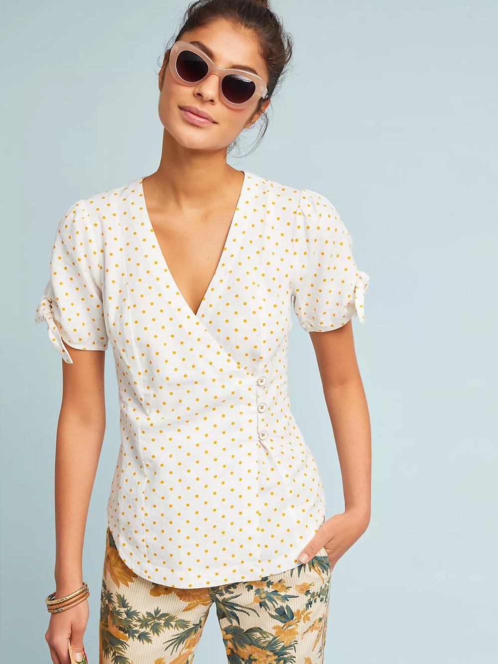 Maeve Anthropologie Mustard Polka Dot Wrap Top Size 8